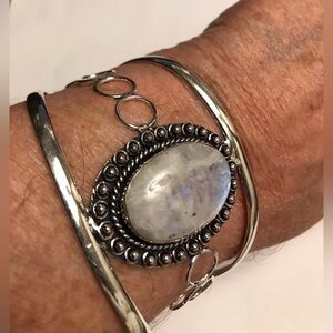 Moonstone Stamped Solid 925 Sterling Silver Cuff Bracelet